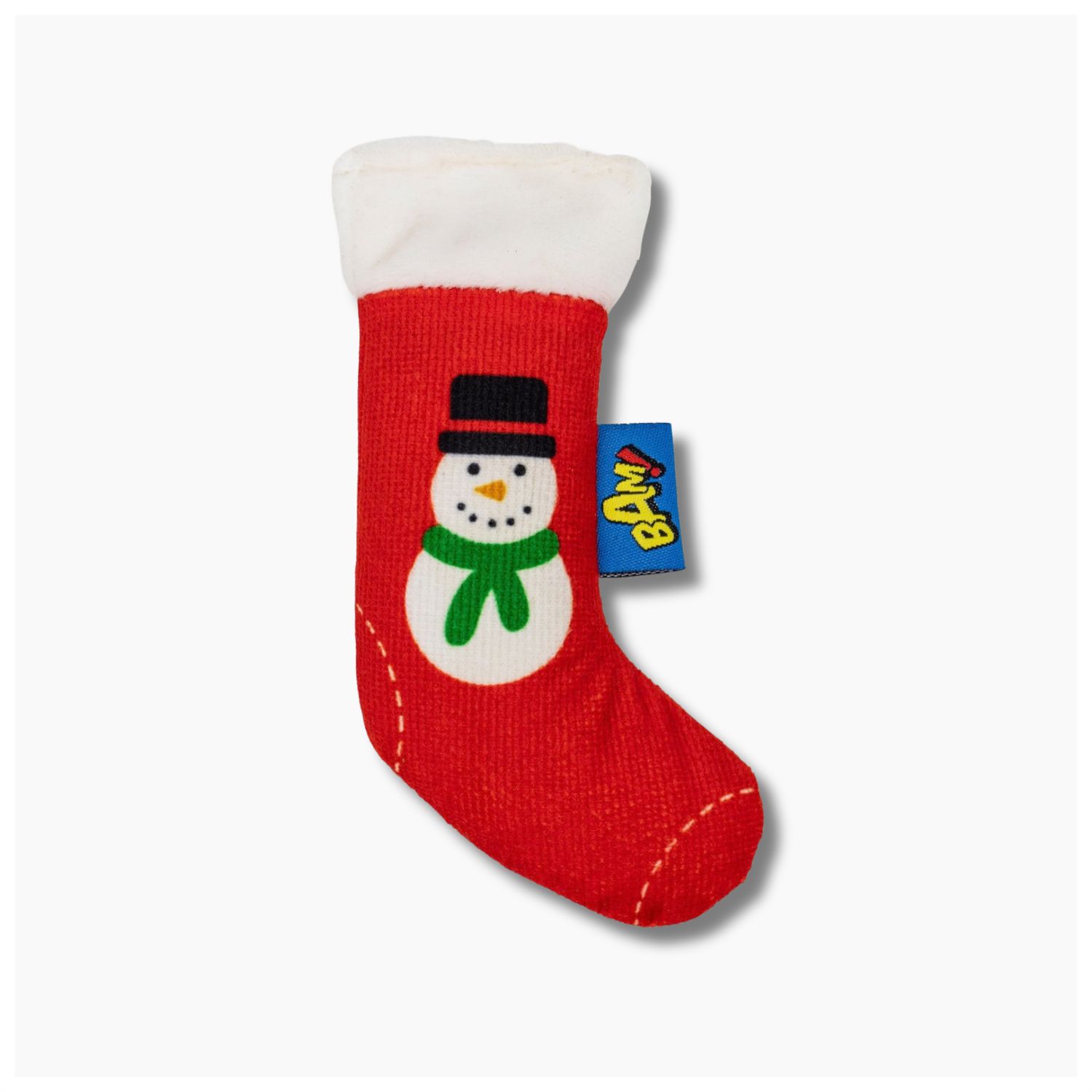 Close-up of the slim red Christmas stocking catnip toy with snowman detail