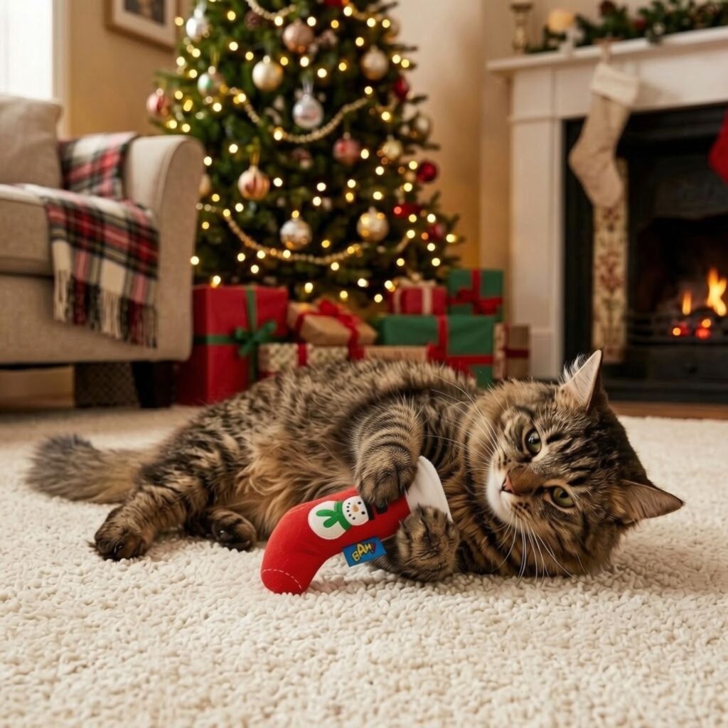 Cat playing with the BAM Christmas Stocking Catnip Toy by a Christmas tree