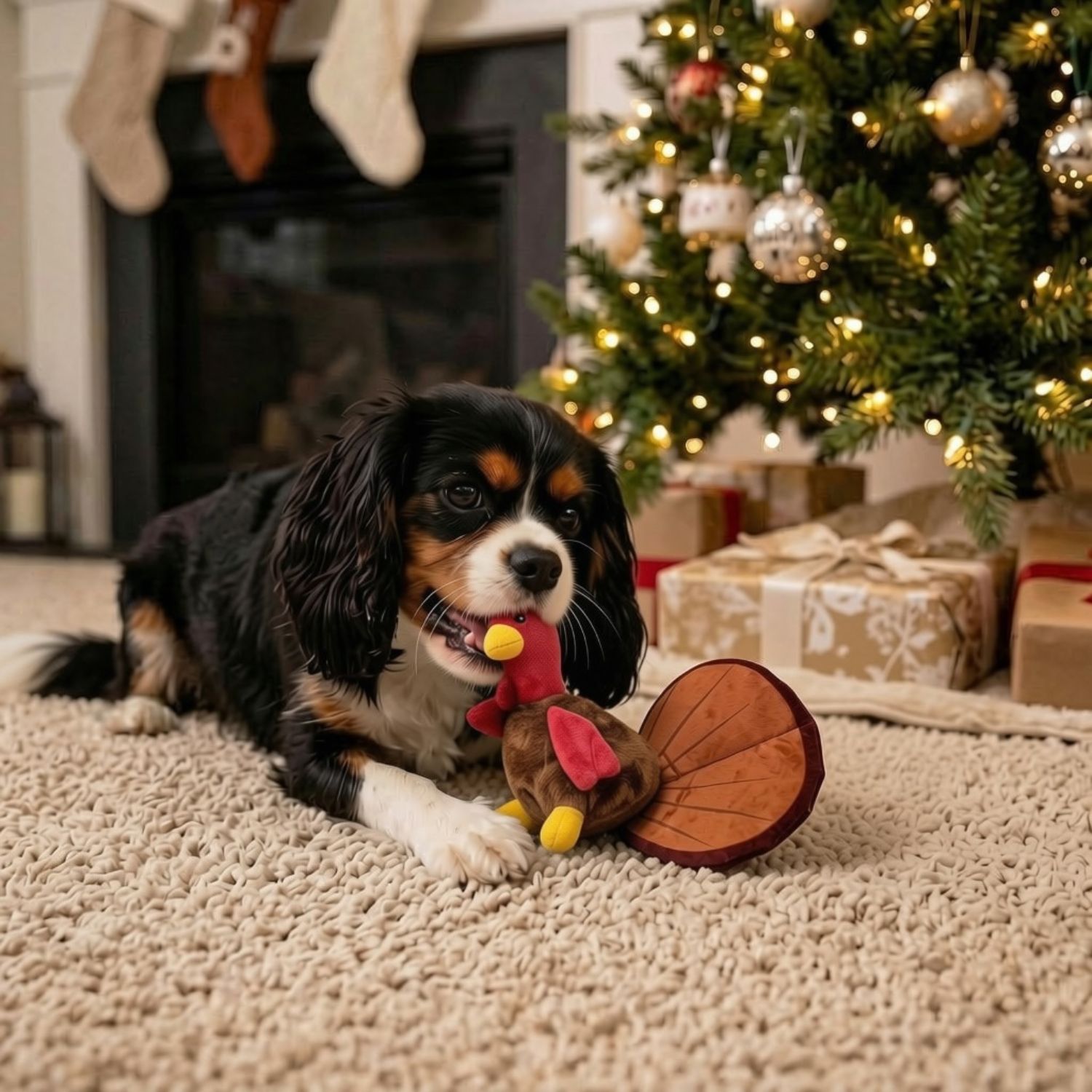 dog playing with the Tina Turkey Christmas plush dog toy