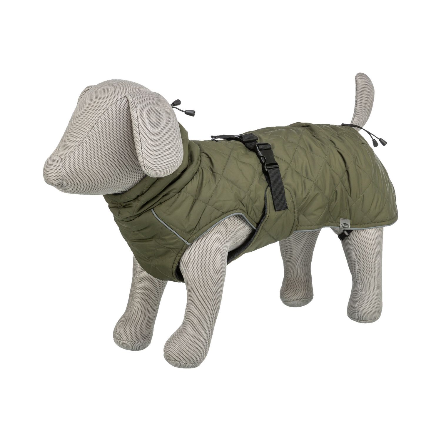 Deep chest contoured cut profile on a dog coat with harness zips