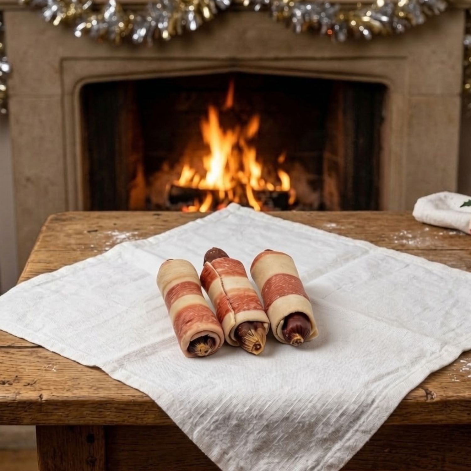 Festive display of Dog Life Pigs in Blankets Christmas dog treats by a fireplace