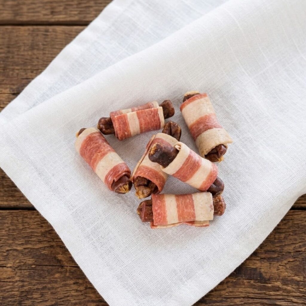 Dog Life Pigs in Blankets Christmas dog treats arranged on a white plate