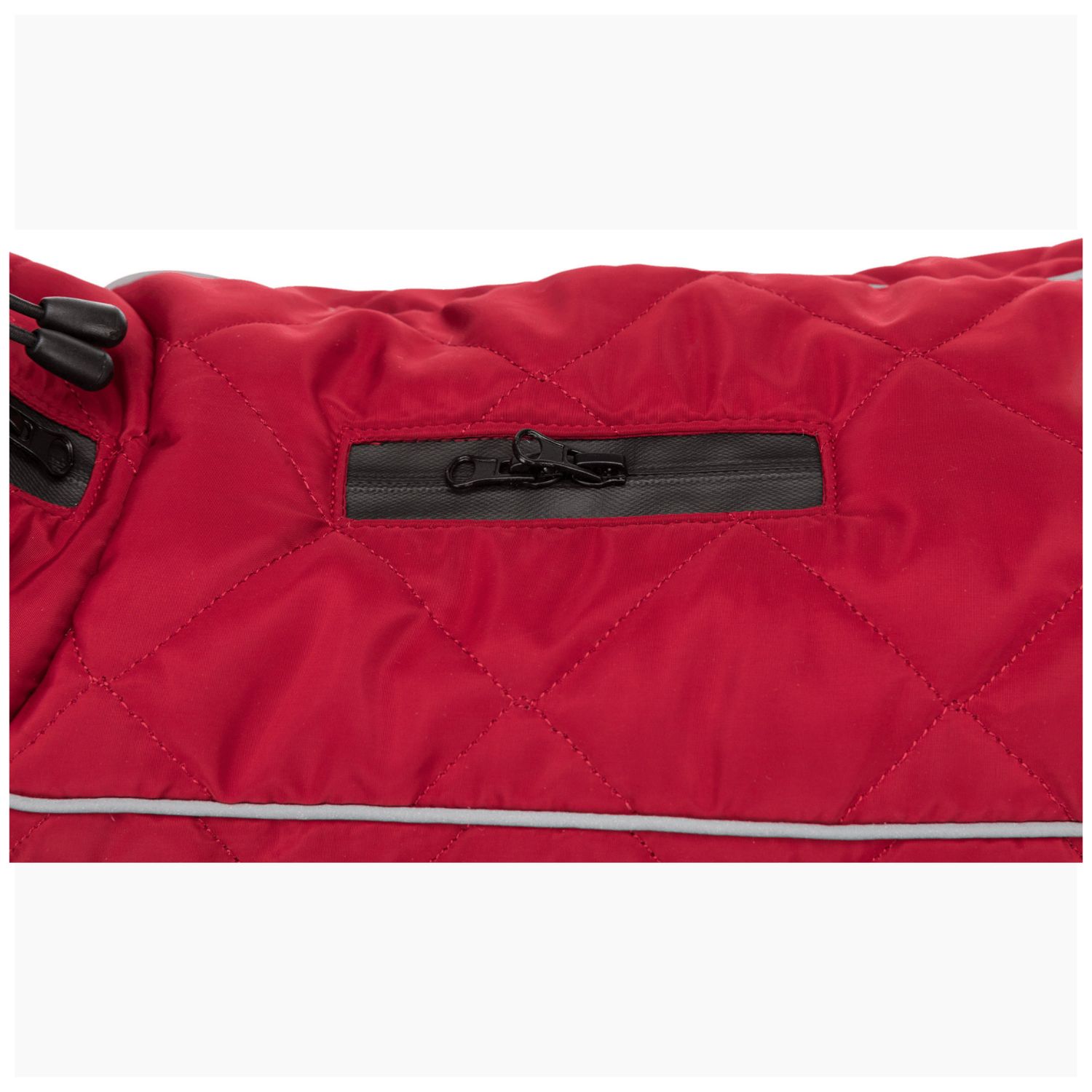 Dual waterproof zippers on red dog coat with harness opening spine access