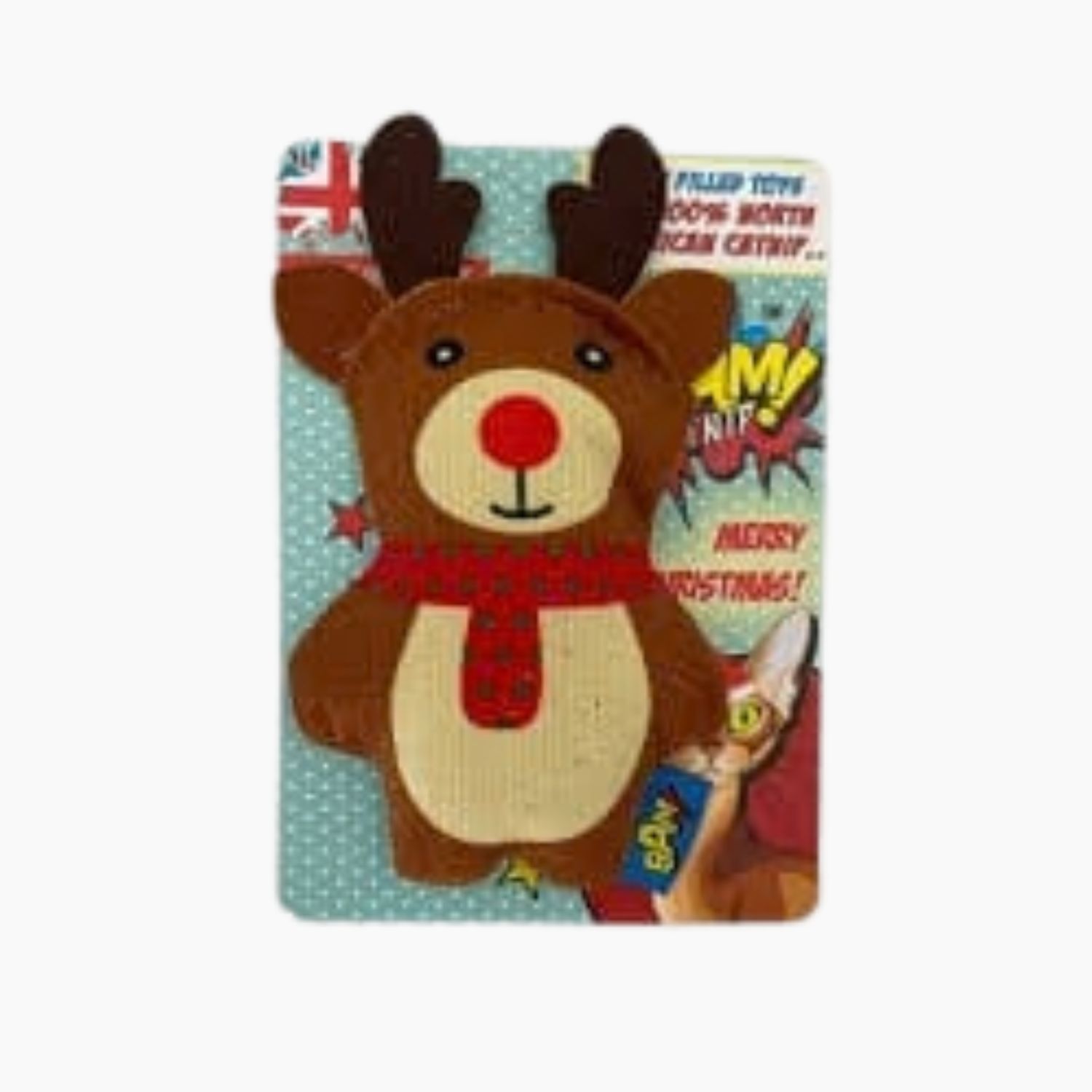 BAM Ronny Reindeer catnip toy close up red nose