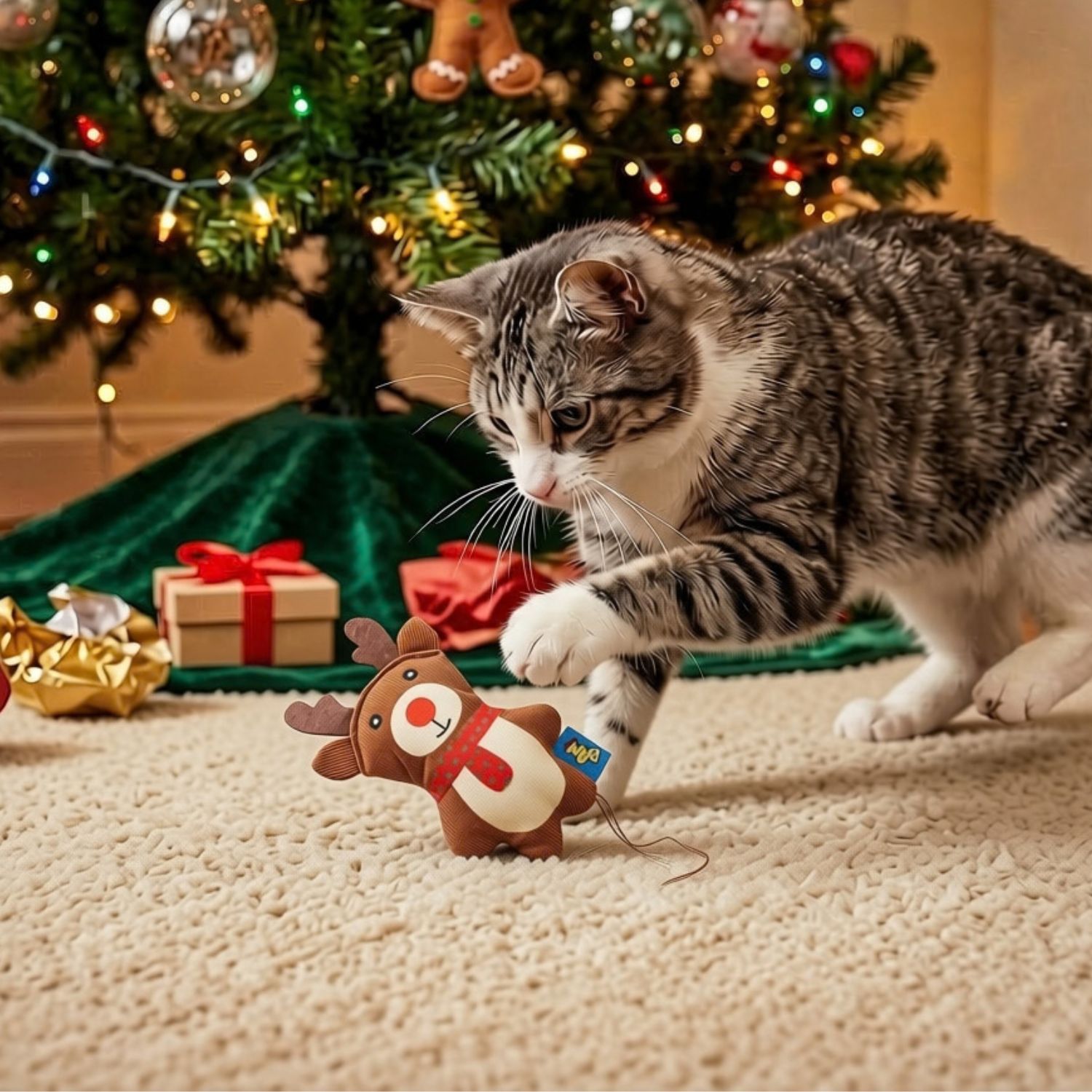 Cat playing with BAM Ronny Reindeer catnip toy