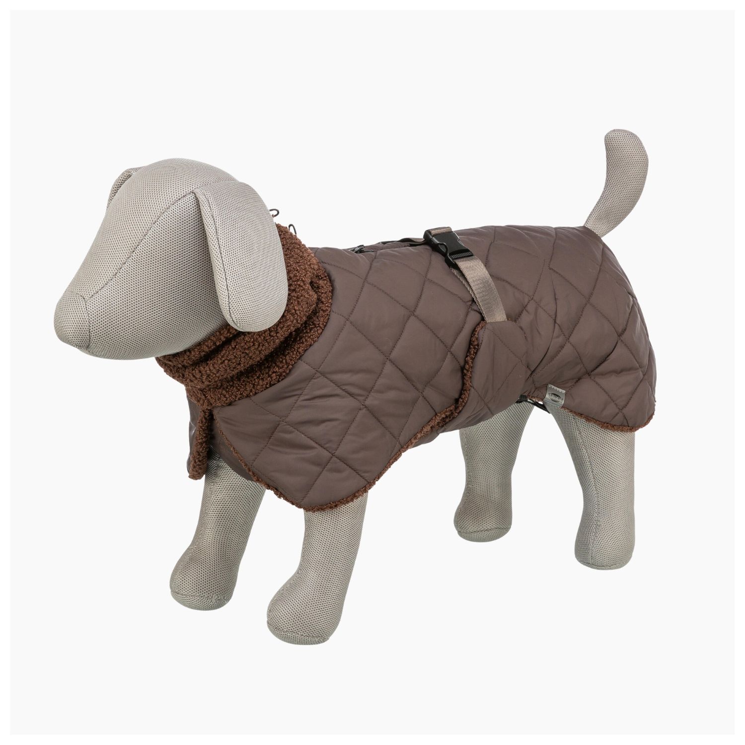Waterproof brown dog coat with harness hole zip access on spine