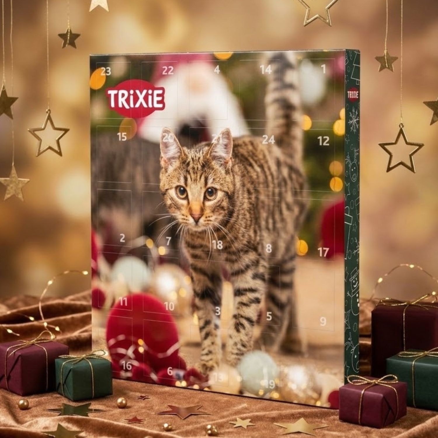 Festive holiday display featuring the Trixie cat advent calendar for pets
