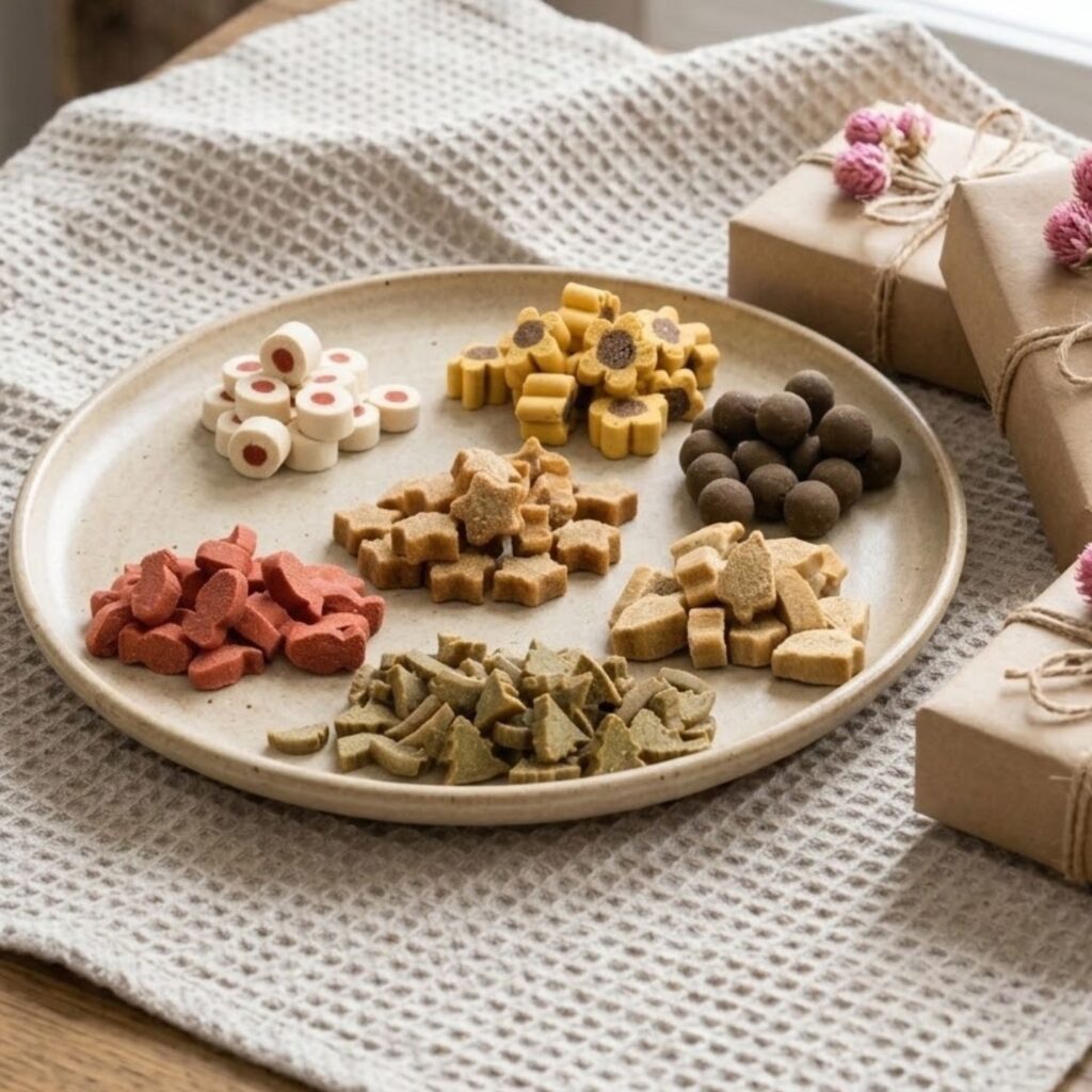 Assorted meaty snacks and festive treats from the Trixie cat advent calendar