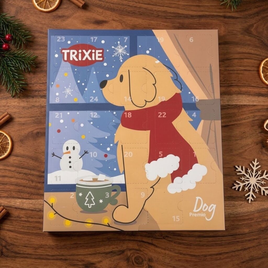 Trixie Premio dog advent calendar box in on a festive wooden table