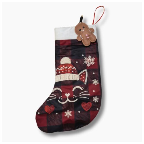 Fabric cat Christmas stocking with printed festive design and red hanging loop